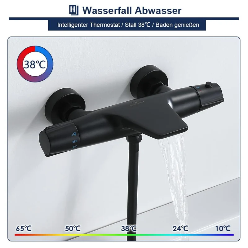 Homelody Duschsystem mit Thermostat Badewannenarmatur Schwarz mit 30×20 cm Regendusche, 6 Strahlarten Handbrause, Wasserfall-Auslauf