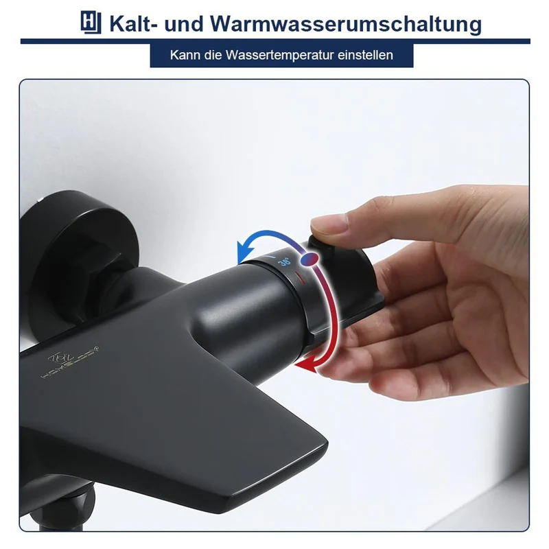 Homelody Duschsystem mit Thermostat Badewannenarmatur Schwarz mit 30×20 cm Regendusche, 6 Strahlarten Handbrause, Wasserfall-Auslauf