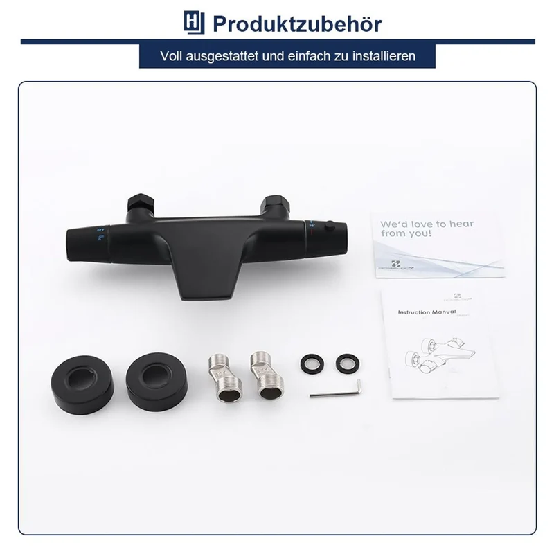 Homelody Duschsystem mit Thermostat Badewannenarmatur Schwarz mit 30×20 cm Regendusche, 6 Strahlarten Handbrause, Wasserfall-Auslauf