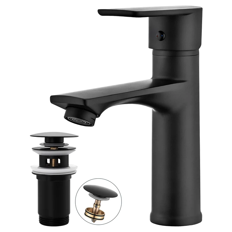 Homelody Wasserhahn Bad Schwarz +Universal Ablaufgarnitur Schwarz, Armatur Mischbatterie Waschbeckenarmatur mit Pop-Up Ventil Edelstahl Messing