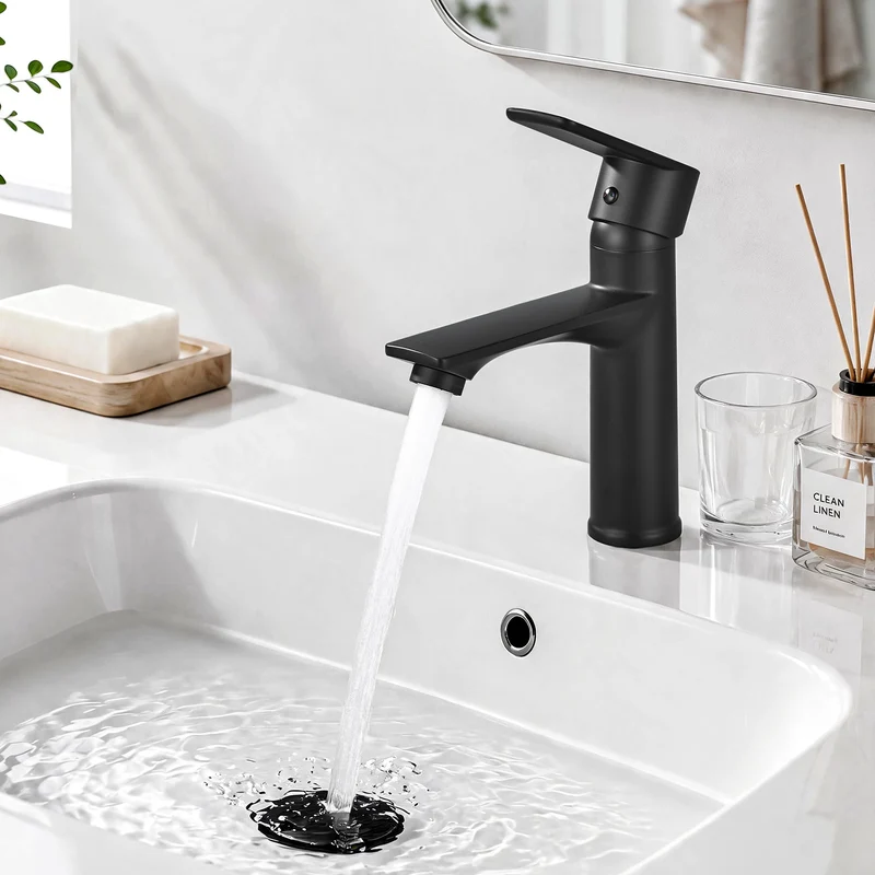 Homelody Wasserhahn Bad Schwarz +Universal Ablaufgarnitur Schwarz, Armatur Mischbatterie Waschbeckenarmatur mit Pop-Up Ventil Edelstahl Messing