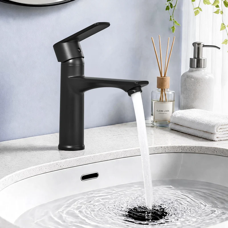 Homelody Wasserhahn Bad Schwarz +Universal Ablaufgarnitur Schwarz, Armatur Mischbatterie Waschbeckenarmatur mit Pop-Up Ventil Edelstahl Messing