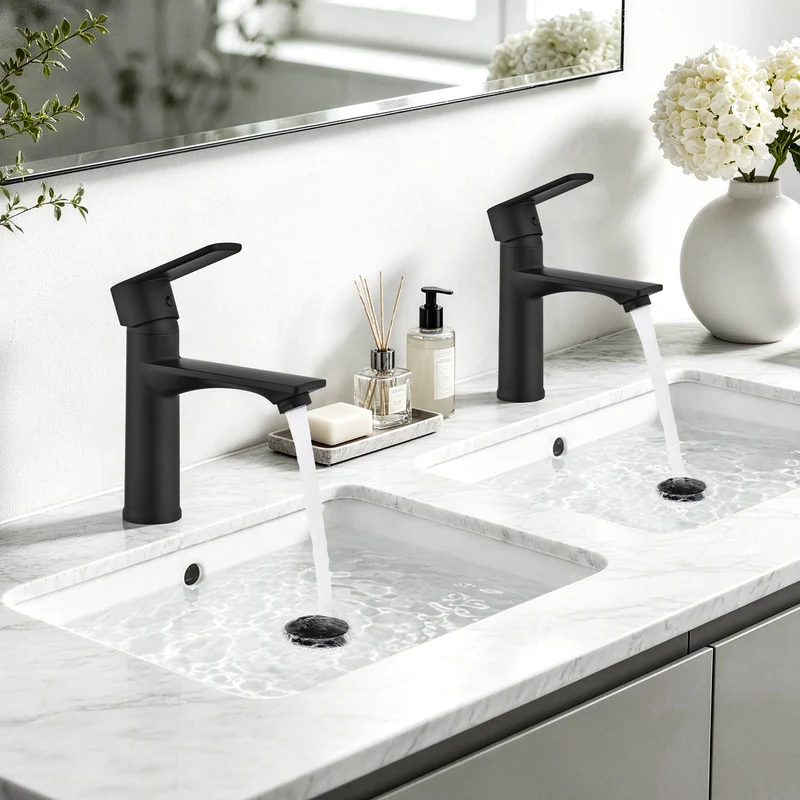 Homelody Wasserhahn Bad Schwarz +Universal Ablaufgarnitur Schwarz, Armatur Mischbatterie Waschbeckenarmatur mit Pop-Up Ventil Edelstahl Messing