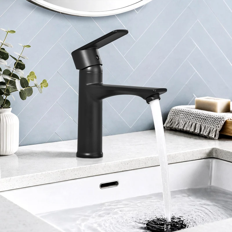 Homelody Wasserhahn Bad Schwarz +Universal Ablaufgarnitur Schwarz, Armatur Mischbatterie Waschbeckenarmatur mit Pop-Up Ventil Edelstahl Messing