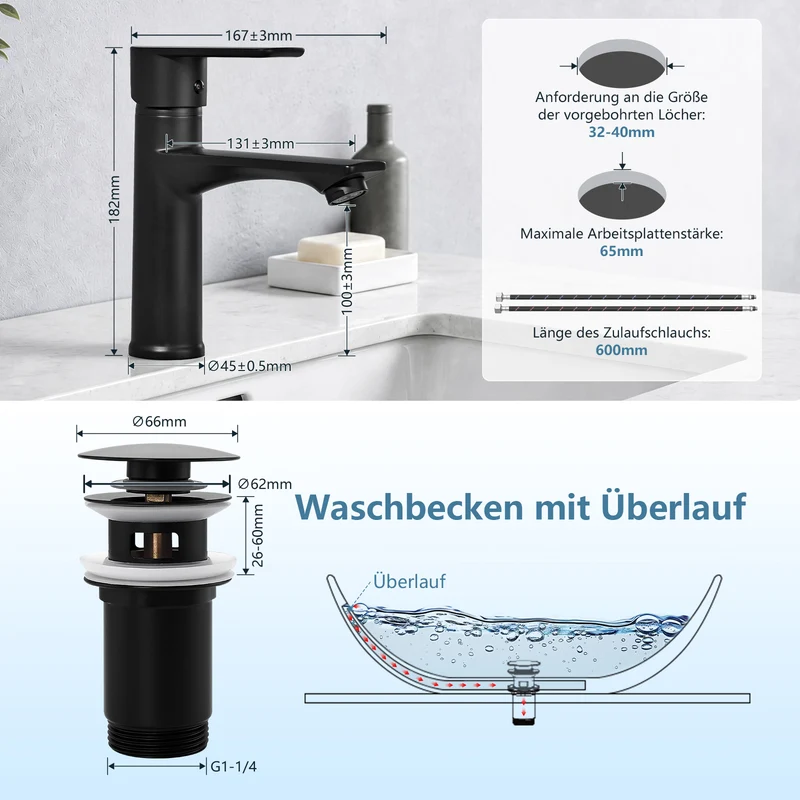 Homelody Wasserhahn Bad Schwarz +Universal Ablaufgarnitur Schwarz, Armatur Mischbatterie Waschbeckenarmatur mit Pop-Up Ventil Edelstahl Messing