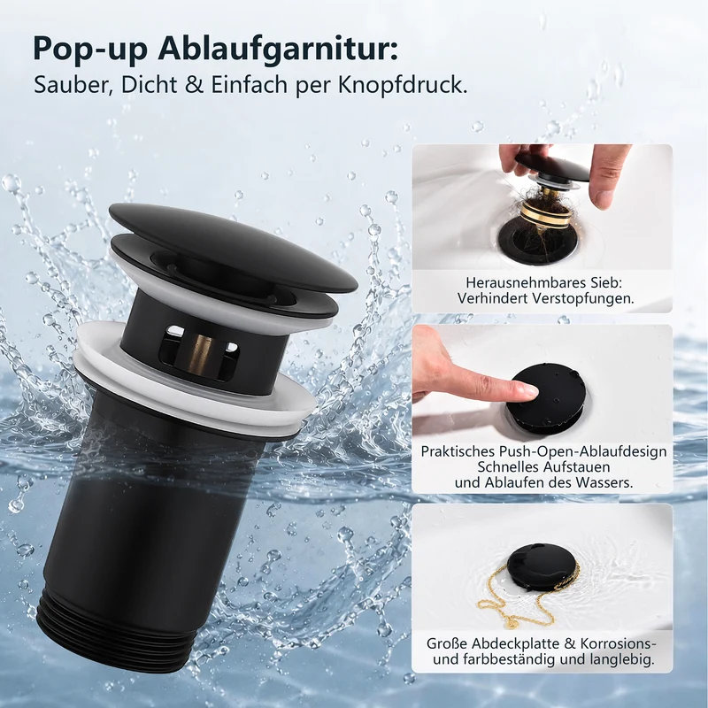Homelody Wasserhahn Bad Schwarz +Universal Ablaufgarnitur Schwarz, Armatur Mischbatterie Waschbeckenarmatur mit Pop-Up Ventil Edelstahl Messing