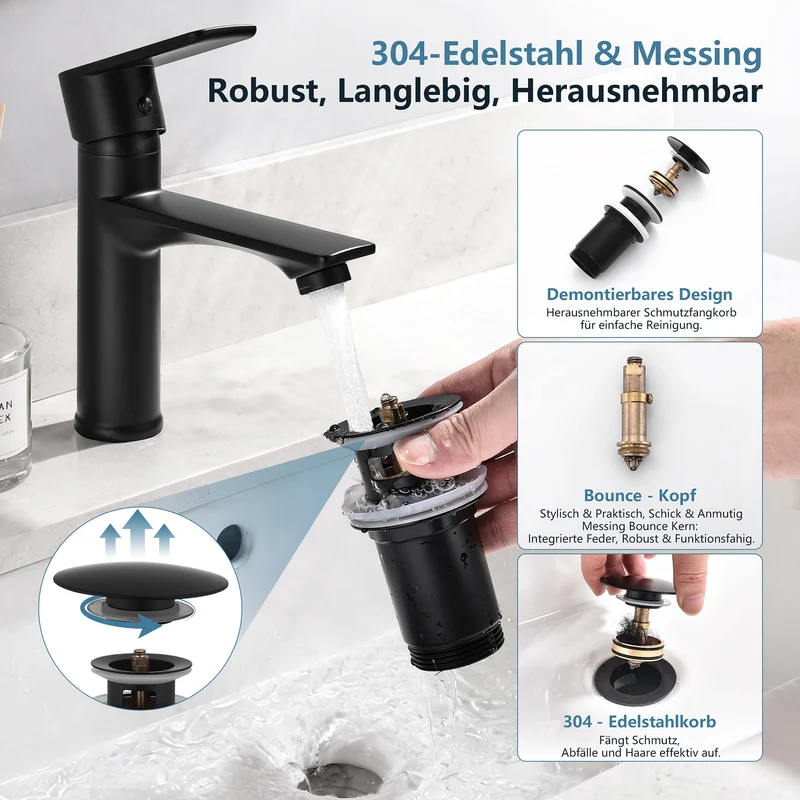 Homelody Wasserhahn Bad Schwarz +Universal Ablaufgarnitur Schwarz, Armatur Mischbatterie Waschbeckenarmatur mit Pop-Up Ventil Edelstahl Messing