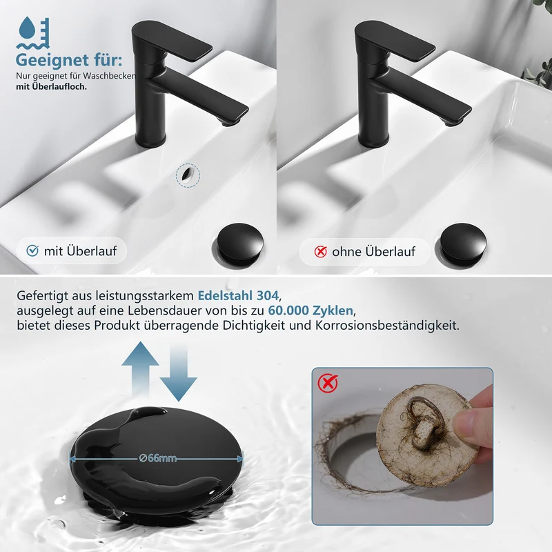 Homelody Wasserhahn Bad Schwarz +Universal Ablaufgarnitur Schwarz, Armatur Mischbatterie Waschbeckenarmatur mit Pop-Up Ventil Edelstahl Messing