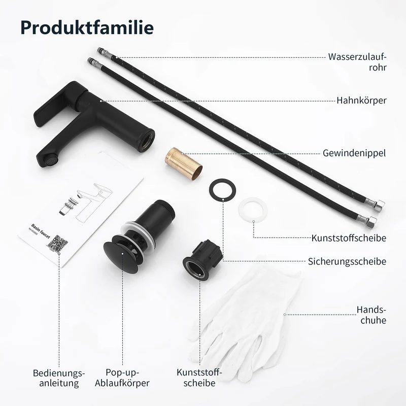 Homelody Wasserhahn Bad Schwarz +Universal Ablaufgarnitur Schwarz, Armatur Mischbatterie Waschbeckenarmatur mit Pop-Up Ventil Edelstahl Messing