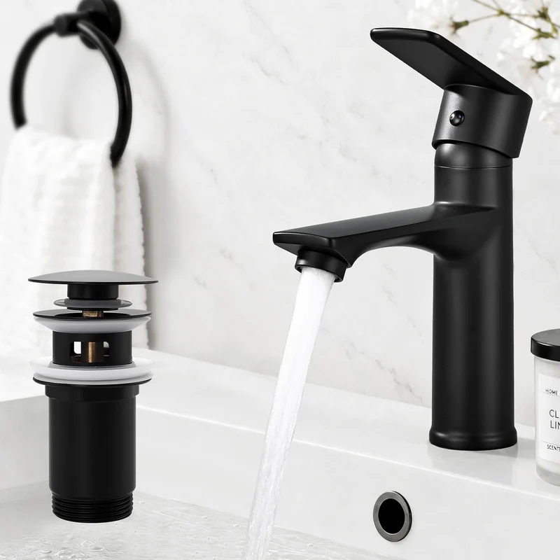 Homelody Wasserhahn Bad Schwarz +Universal Ablaufgarnitur Schwarz, Armatur Mischbatterie Waschbeckenarmatur mit Pop-Up Ventil Edelstahl Messing
