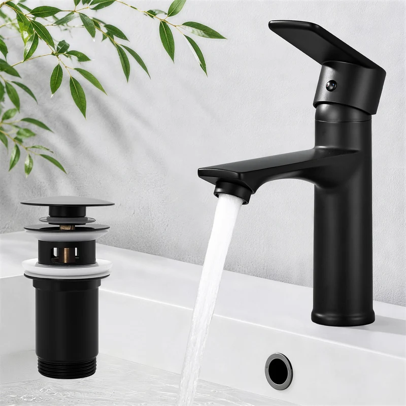 Homelody Wasserhahn Bad Schwarz +Universal Ablaufgarnitur Schwarz, Armatur Mischbatterie Waschbeckenarmatur mit Pop-Up Ventil Edelstahl Messing