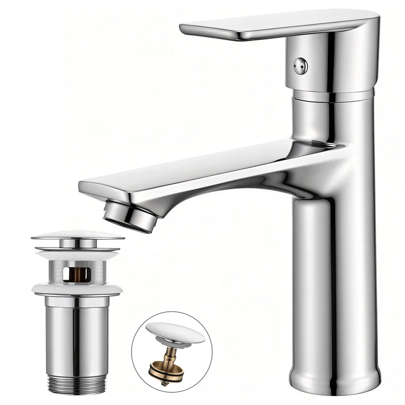Homelody Wasserhahn Bad Chrom+Universal Ablaufgarnitur Chrom, Armatur Mischbatterie Waschbeckenarmatur mit Pop-Up Ventil Edelstahl Messing