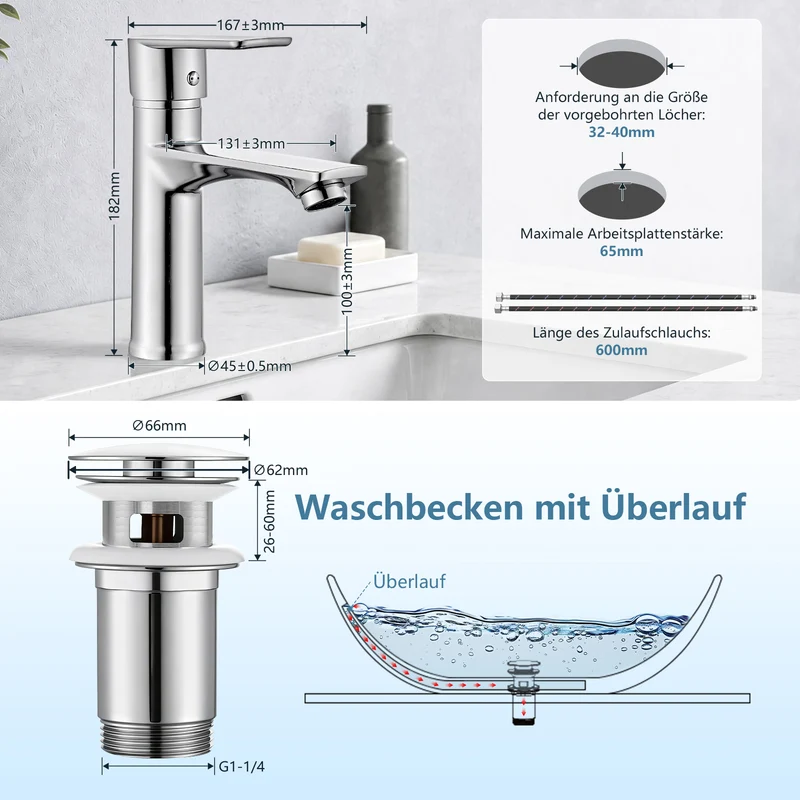 Homelody Wasserhahn Bad Chrom+Universal Ablaufgarnitur Chrom, Armatur Mischbatterie Waschbeckenarmatur mit Pop-Up Ventil Edelstahl Messing