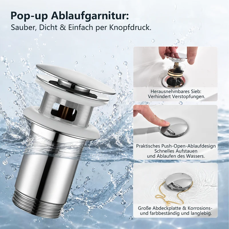 Homelody Wasserhahn Bad Chrom+Universal Ablaufgarnitur Chrom, Armatur Mischbatterie Waschbeckenarmatur mit Pop-Up Ventil Edelstahl Messing