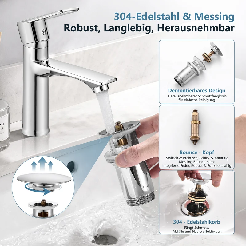 Homelody Wasserhahn Bad Chrom+Universal Ablaufgarnitur Chrom, Armatur Mischbatterie Waschbeckenarmatur mit Pop-Up Ventil Edelstahl Messing