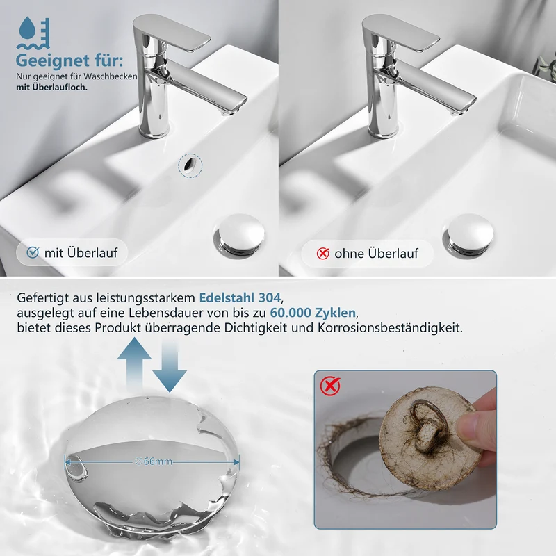 Homelody Wasserhahn Bad Chrom+Universal Ablaufgarnitur Chrom, Armatur Mischbatterie Waschbeckenarmatur mit Pop-Up Ventil Edelstahl Messing