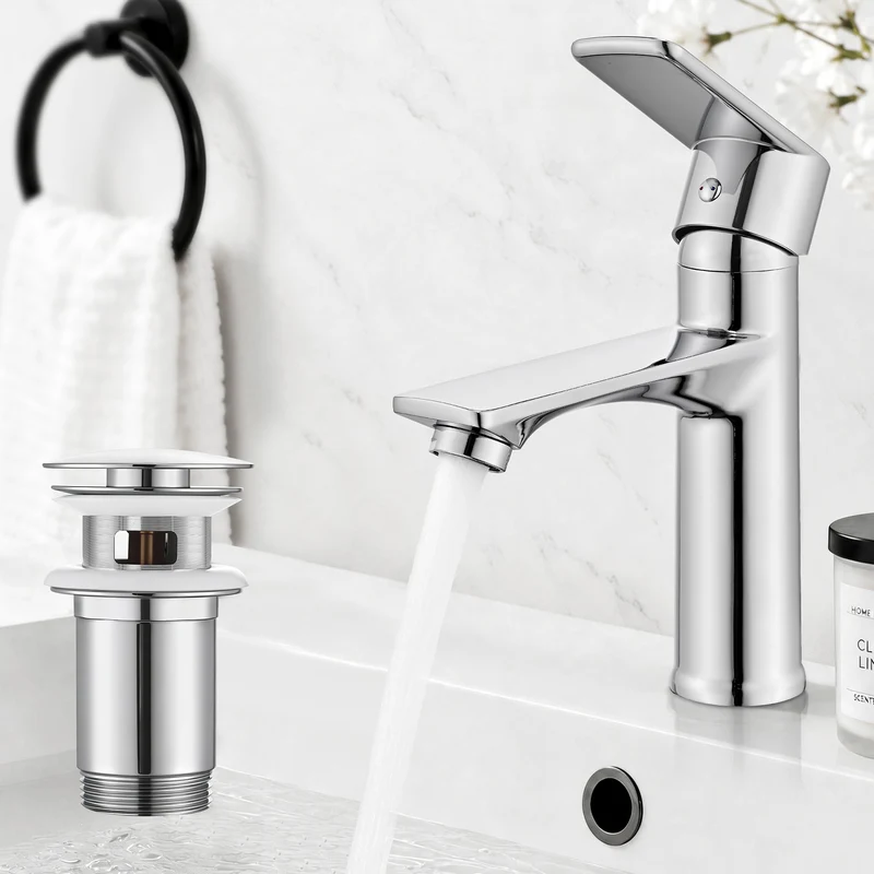 Homelody Wasserhahn Bad Chrom+Universal Ablaufgarnitur Chrom, Armatur Mischbatterie Waschbeckenarmatur mit Pop-Up Ventil Edelstahl Messing
