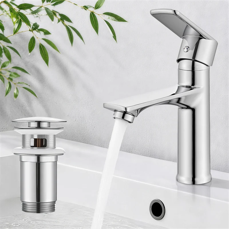 Homelody Wasserhahn Bad Chrom+Universal Ablaufgarnitur Chrom, Armatur Mischbatterie Waschbeckenarmatur mit Pop-Up Ventil Edelstahl Messing