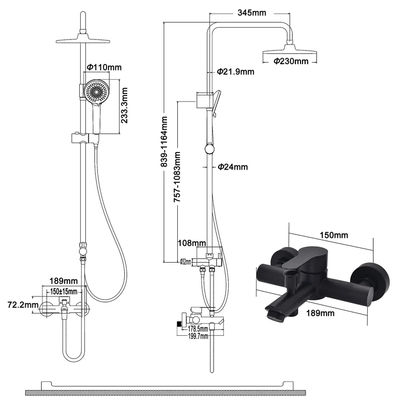 Homelody Duschsystem Regendusche Schwarz ohne Bohren mit 4-Funktionen Handbrause