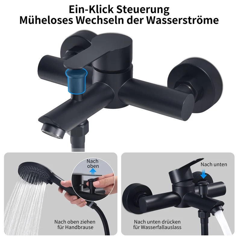 Homelody Duschsystem Regendusche Schwarz ohne Bohren mit 4-Funktionen Handbrause