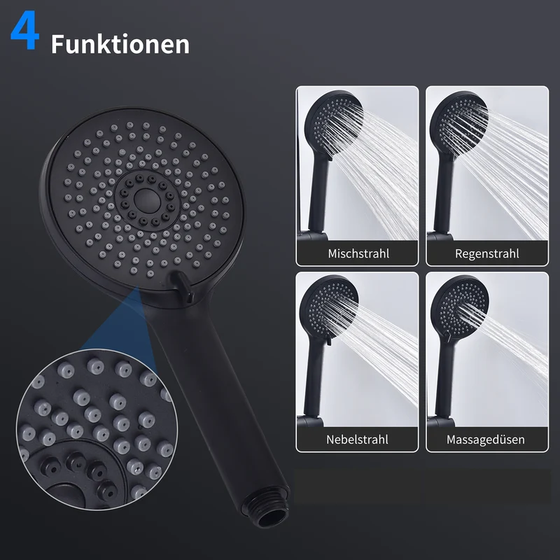 Homelody Duschsystem Regendusche Schwarz ohne Bohren mit 4-Funktionen Handbrause