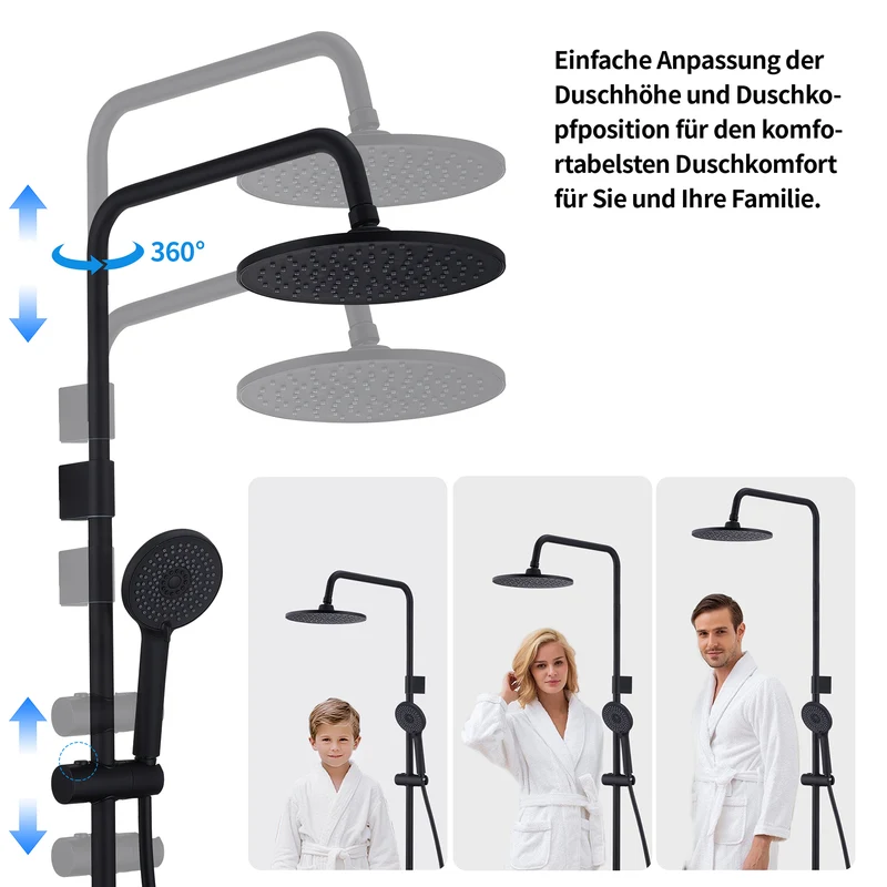 Homelody Duschsystem Regendusche Schwarz ohne Bohren mit 4-Funktionen Handbrause