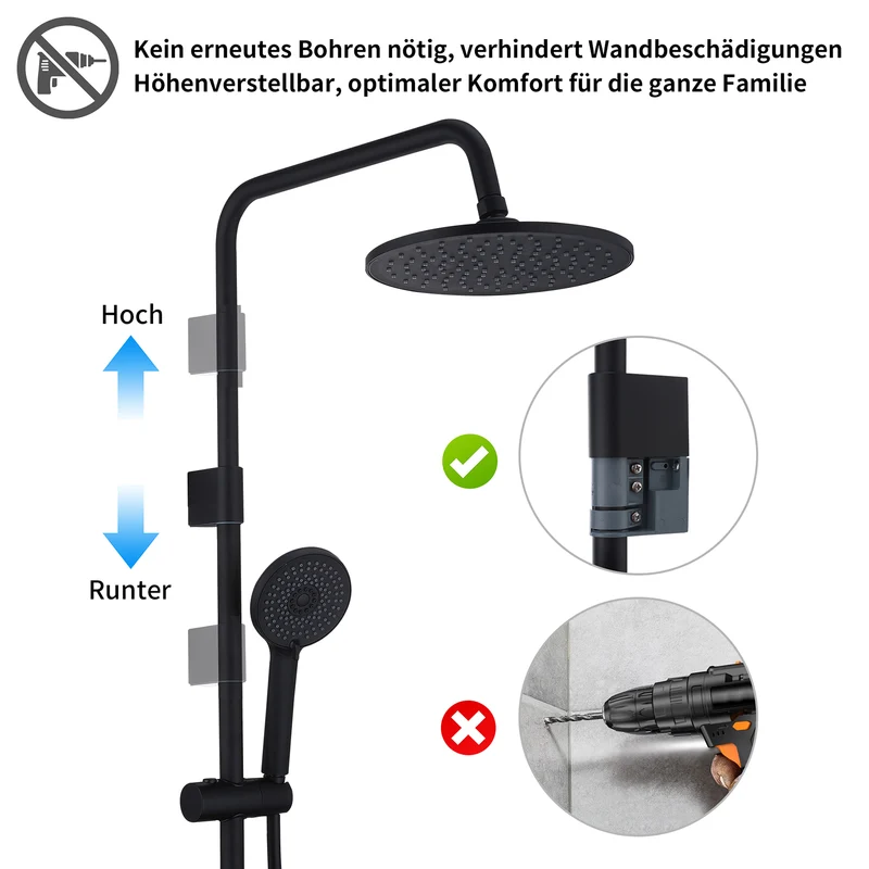 Homelody Duschsystem Regendusche Schwarz ohne Bohren mit 4-Funktionen Handbrause