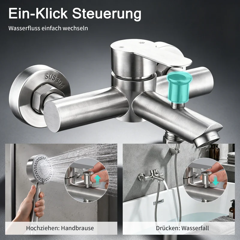 Homelody Badewannenarmatur mit Handbrause, Mischbatterie Badewanne Wandmontage, 2 Ausgänge Einhebelmischer Duscharmatur mit Wanneneinlauf, Gebürstete