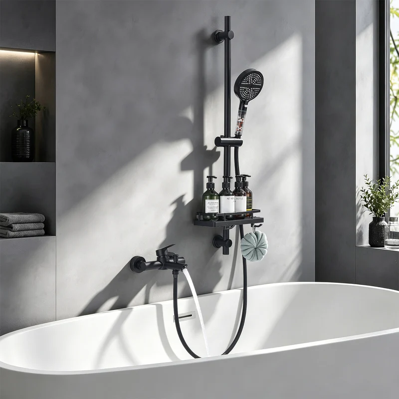 Homelody Badewannenarmatur Schwarz mit Filter-Handbrause & Ablage, Mischbatterie Badewanne 2 Ausgänge Einhebelmischer Duscharmatur Edelstahl SUS304