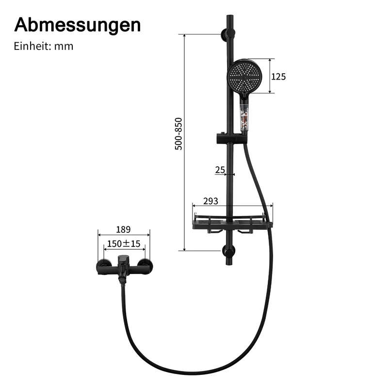 Homelody Badewannenarmatur Schwarz mit Filter-Handbrause & Ablage, Mischbatterie Badewanne 2 Ausgänge Einhebelmischer Duscharmatur Edelstahl SUS304