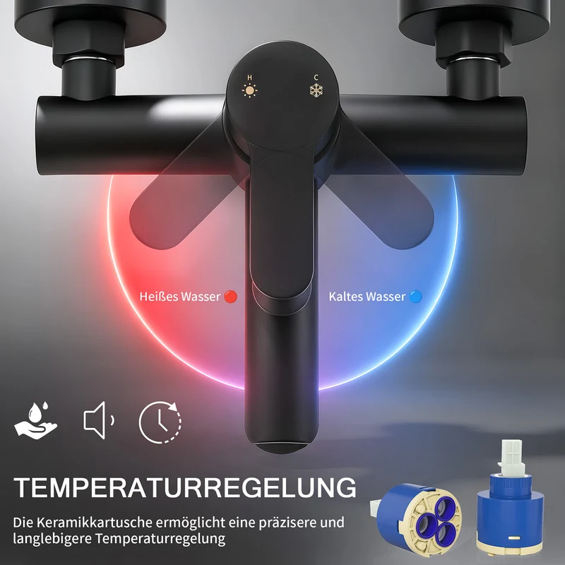 Homelody Badewannenarmatur Schwarz mit Filter-Handbrause & Ablage, Mischbatterie Badewanne 2 Ausgänge Einhebelmischer Duscharmatur Edelstahl SUS304
