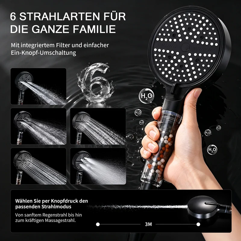 Homelody Badewannenarmatur Schwarz mit Filter-Handbrause & Ablage, Mischbatterie Badewanne 2 Ausgänge Einhebelmischer Duscharmatur Edelstahl SUS304