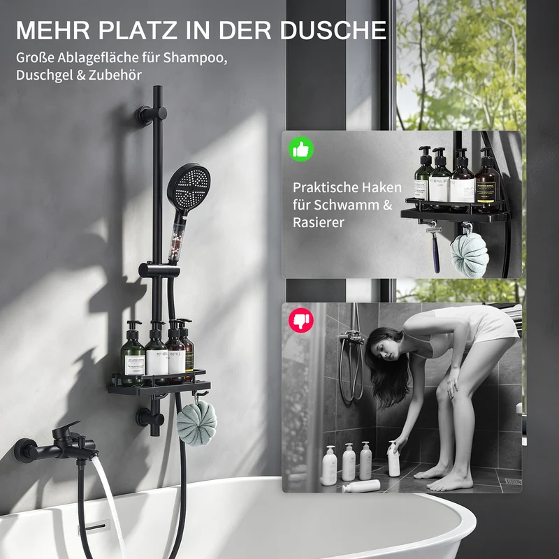 Homelody Badewannenarmatur Schwarz mit Filter-Handbrause & Ablage, Mischbatterie Badewanne 2 Ausgänge Einhebelmischer Duscharmatur Edelstahl SUS304