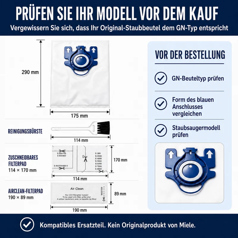 Geeignet für Staubsaugerbeutel-Sets der Miele GN-Serie, kompatibel mit den Serien Complete C1/C2/C3 und Classic C1 S