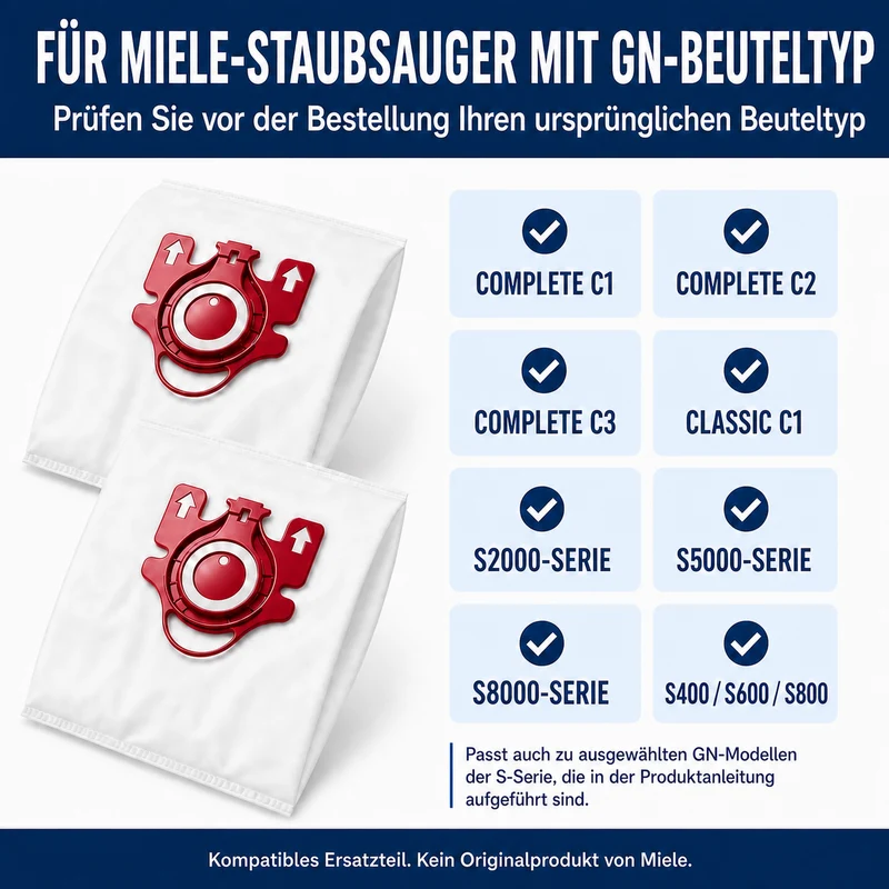Geeignet für Staubsaugerbeutel-Sets der Miele GN-Serie, kompatibel mit den Serien Complete C1/C2/C3 und Classic C1 S