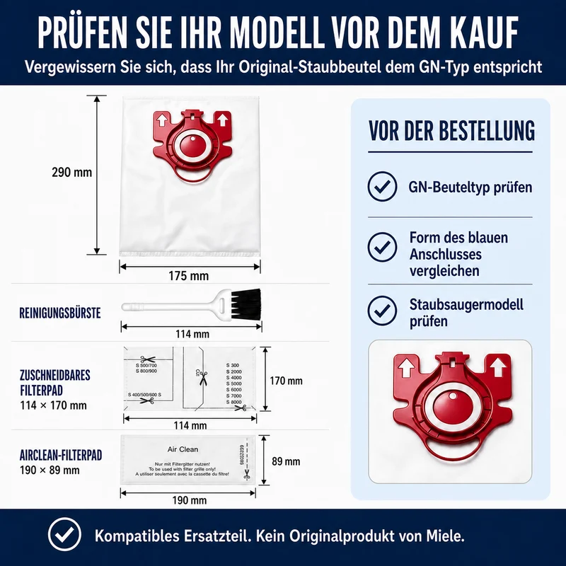 Geeignet für Staubsaugerbeutel-Sets der Miele GN-Serie, kompatibel mit den Serien Complete C1/C2/C3 und Classic C1 S