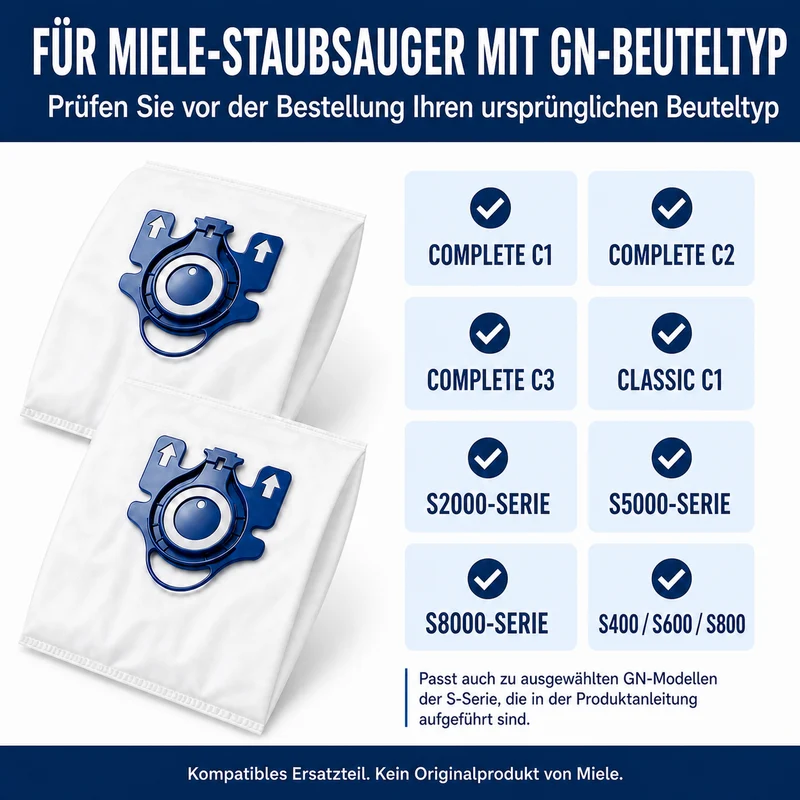 Geeignet für Staubsaugerbeutel-Sets der Miele GN-Serie, kompatibel mit den Serien Complete C1/C2/C3 und Classic C1 S