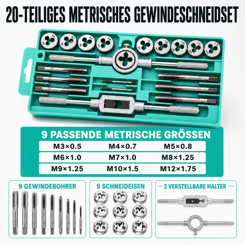 20-teiliges Gewindebohrer- und Gewindeschneider-Set, M3–M10, metrisches Gewindereparatur-Set