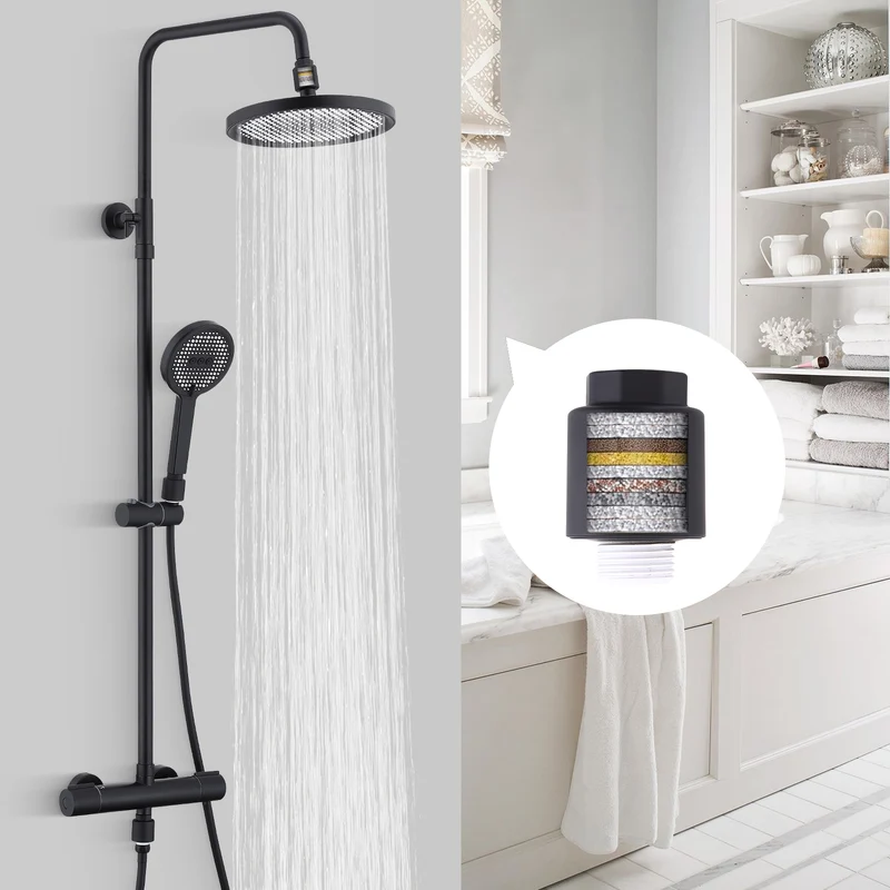 HOMELODY Duschsystem mit Thermostat Schwarz, Dusche Komplett mit Filter | 25cm Kopfbrause Regendusche & Handbrause Duscharmatur Komplettset