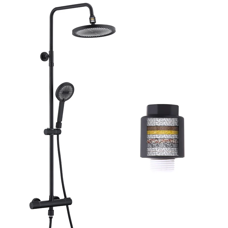 HOMELODY Duschsystem mit Thermostat Schwarz, Dusche Komplett mit Filter | 25cm Kopfbrause Regendusche & Handbrause Duscharmatur Komplettset