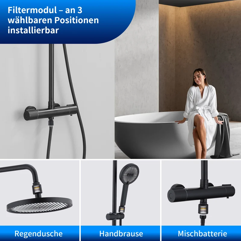 HOMELODY Duschsystem mit Thermostat Schwarz, Dusche Komplett mit Filter | 25cm Kopfbrause Regendusche & Handbrause Duscharmatur Komplettset