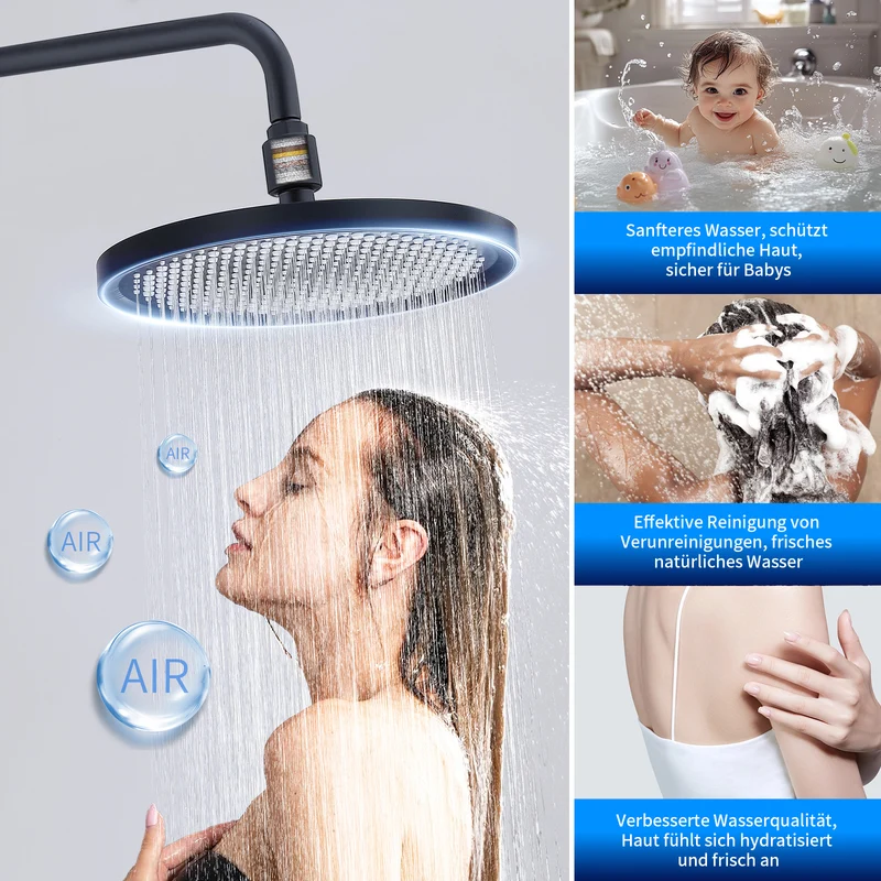 HOMELODY Duschsystem mit Thermostat Schwarz, Dusche Komplett mit Filter | 25cm Kopfbrause Regendusche & Handbrause Duscharmatur Komplettset