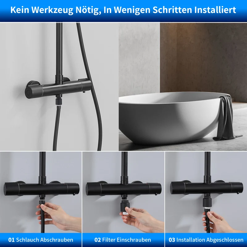 HOMELODY Duschsystem mit Thermostat Schwarz, Dusche Komplett mit Filter | 25cm Kopfbrause Regendusche & Handbrause Duscharmatur Komplettset