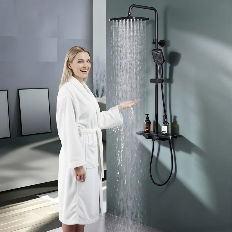 Homelody Duschsystem mit Thermostat und Glasablage in Chrom,Brausegarnitur