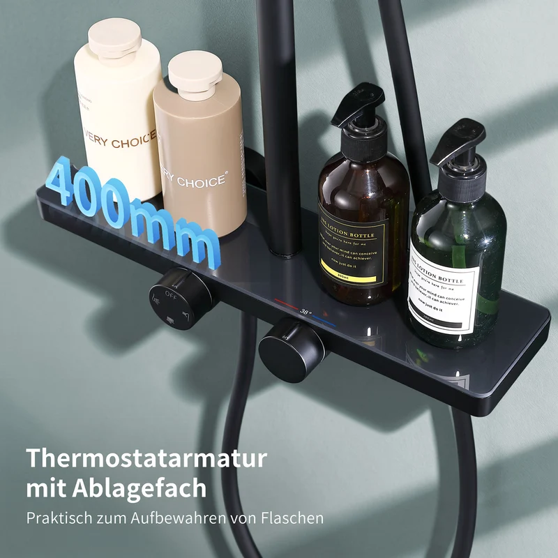 Homelody Duschsystem mit Thermostat und Glasablage in Chrom,Brausegarnitur