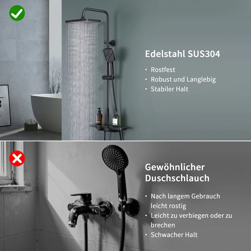 Homelody Duschsystem mit Thermostat und Glasablage in Chrom,Brausegarnitur
