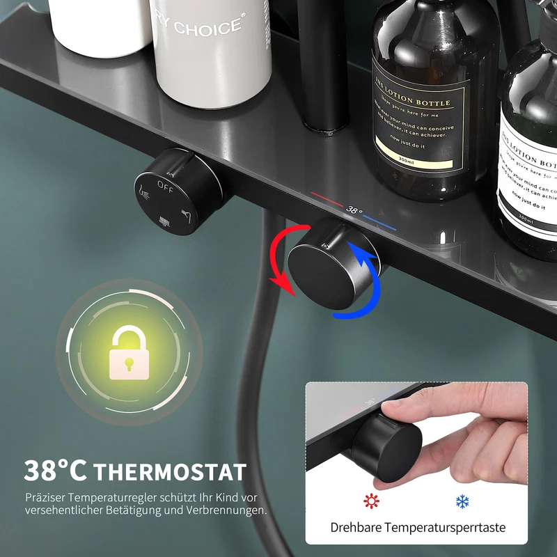 Homelody Duschsystem mit Thermostat und Glasablage in Chrom,Brausegarnitur