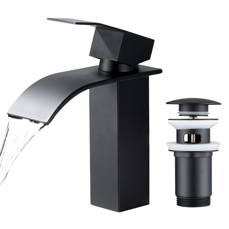 Homelody Waschtischarmatur Wasserfall Badarmatur Wasserhahn Badezimmer Armatur + mit Pop Up Ablaufgarnitur mit Überlauf Waschbecken Armatur, Schwarz