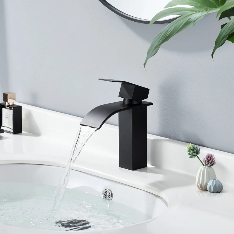 Homelody Waschtischarmatur Wasserfall Badarmatur Wasserhahn Badezimmer Armatur + mit Pop Up Ablaufgarnitur mit Überlauf Waschbecken Armatur, Schwarz