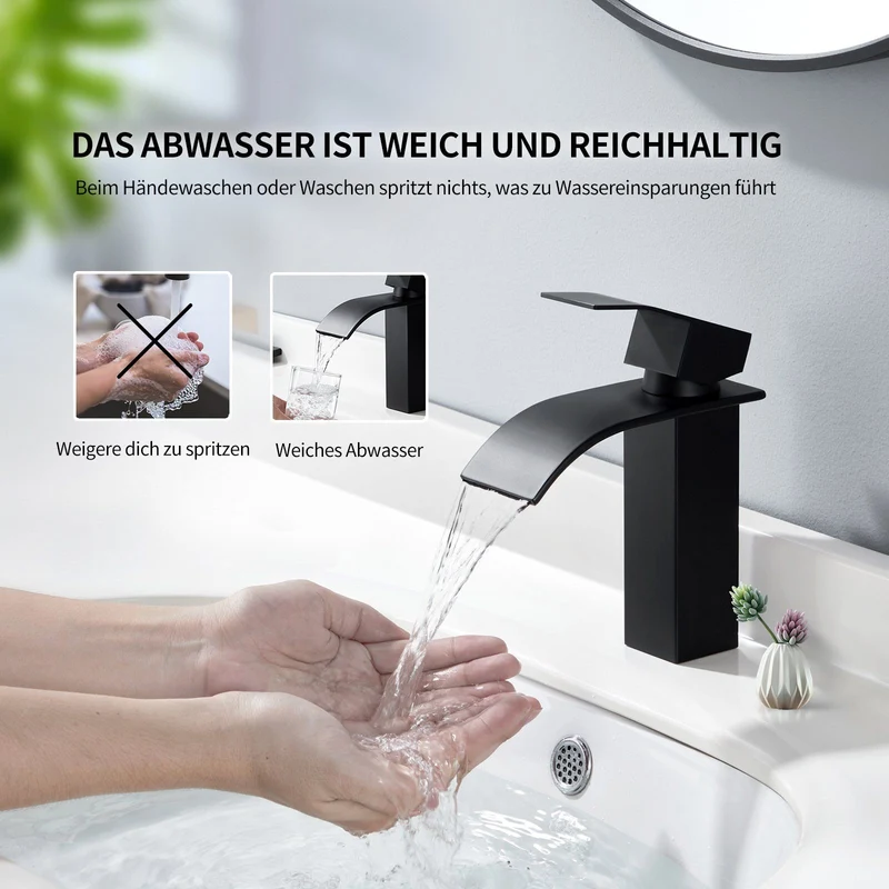 Homelody Waschtischarmatur Wasserfall Badarmatur Wasserhahn Badezimmer Armatur + mit Pop Up Ablaufgarnitur mit Überlauf Waschbecken Armatur, Schwarz